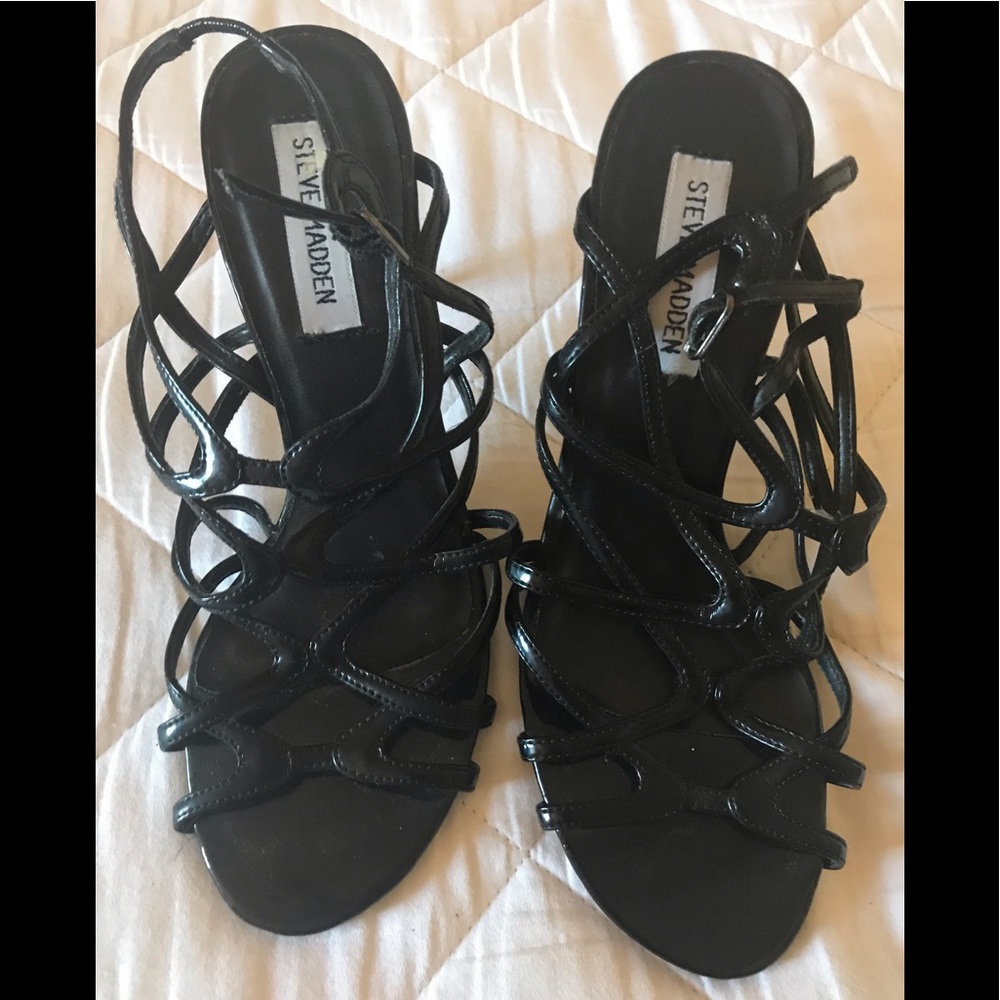 Black faux leather sandals
